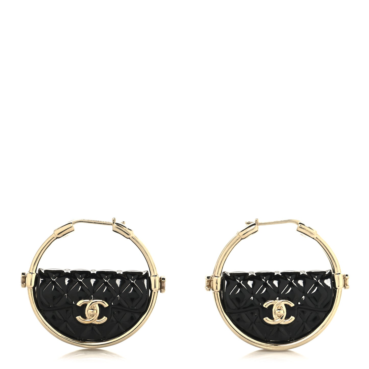 Metal Resin Quilted Flap Bag Hoop Earrings Black Gold