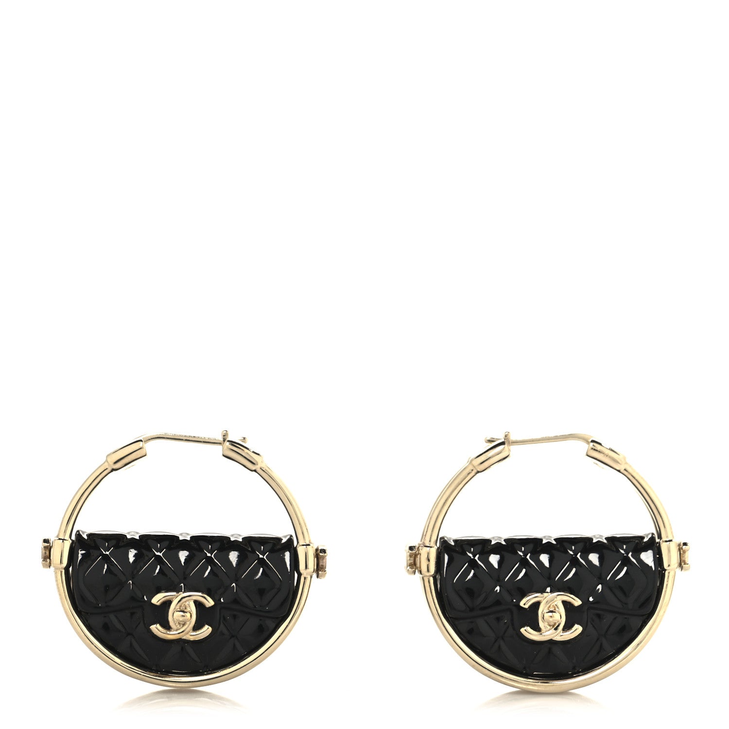 Chanel Metal Resin Quilted Flap Bag Hoop Earrings Black Gold 1 of 4