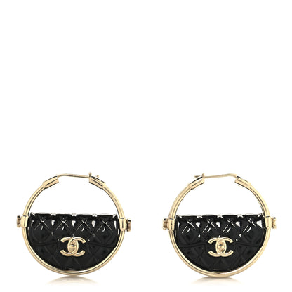 Chanel Metal Resin Quilted Flap Bag Hoop Earrings Black Gold 1 of 4