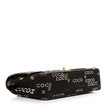 Chanel Canvas Coco Printed Quilted Medium Double Flap Black White 4 of 16