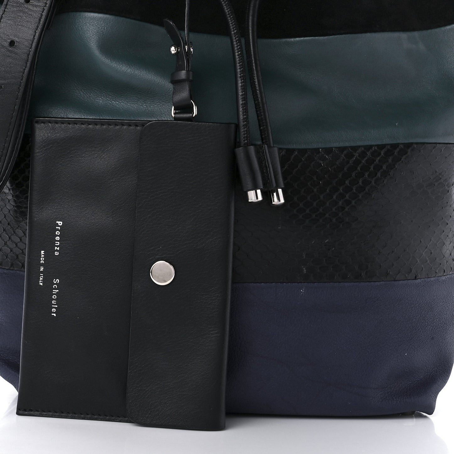 Smooth Calfskin Suede Snakeskin Paneled Bucket Bag Blue