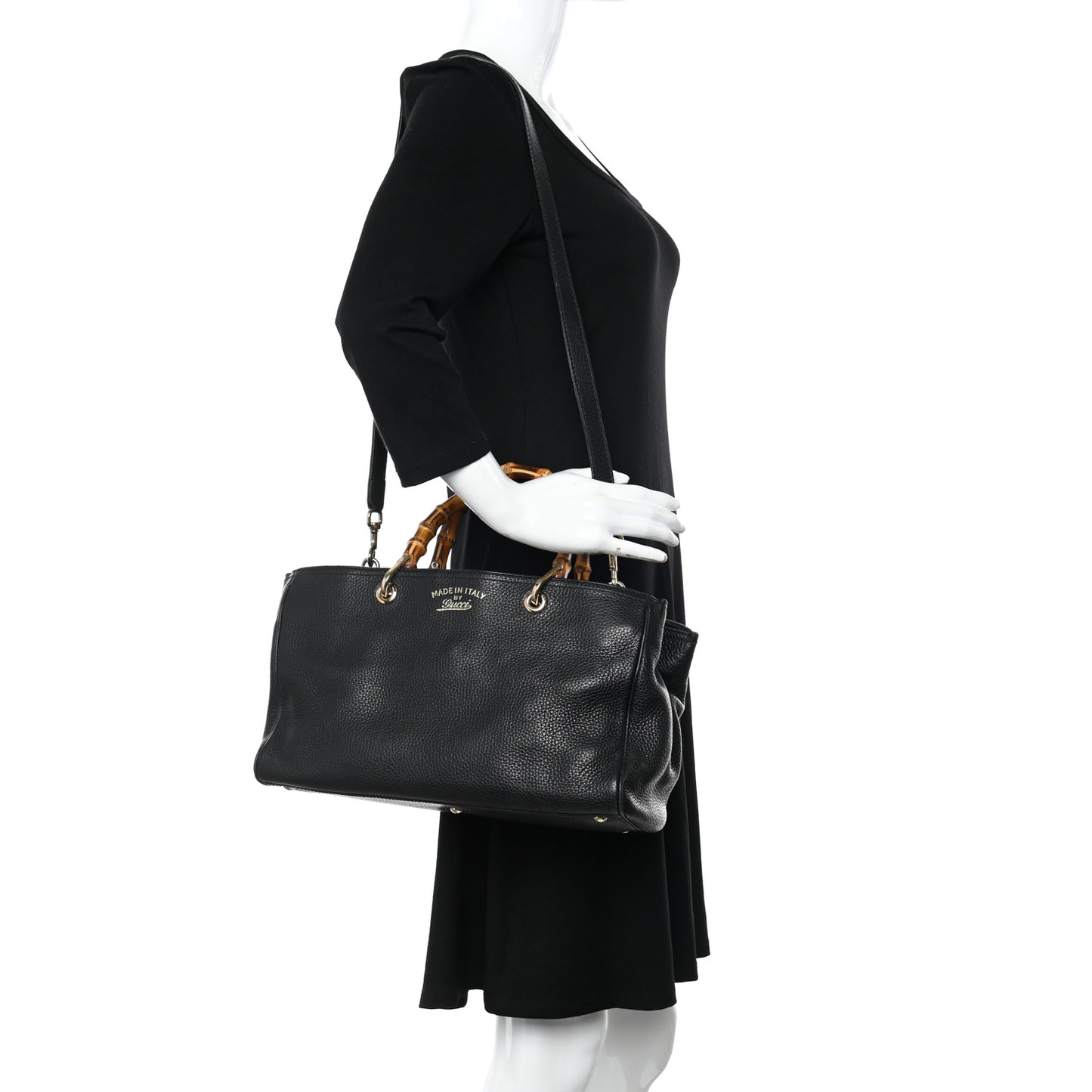 Pebbled Calfskin Medium Bamboo Shopper Tote Black