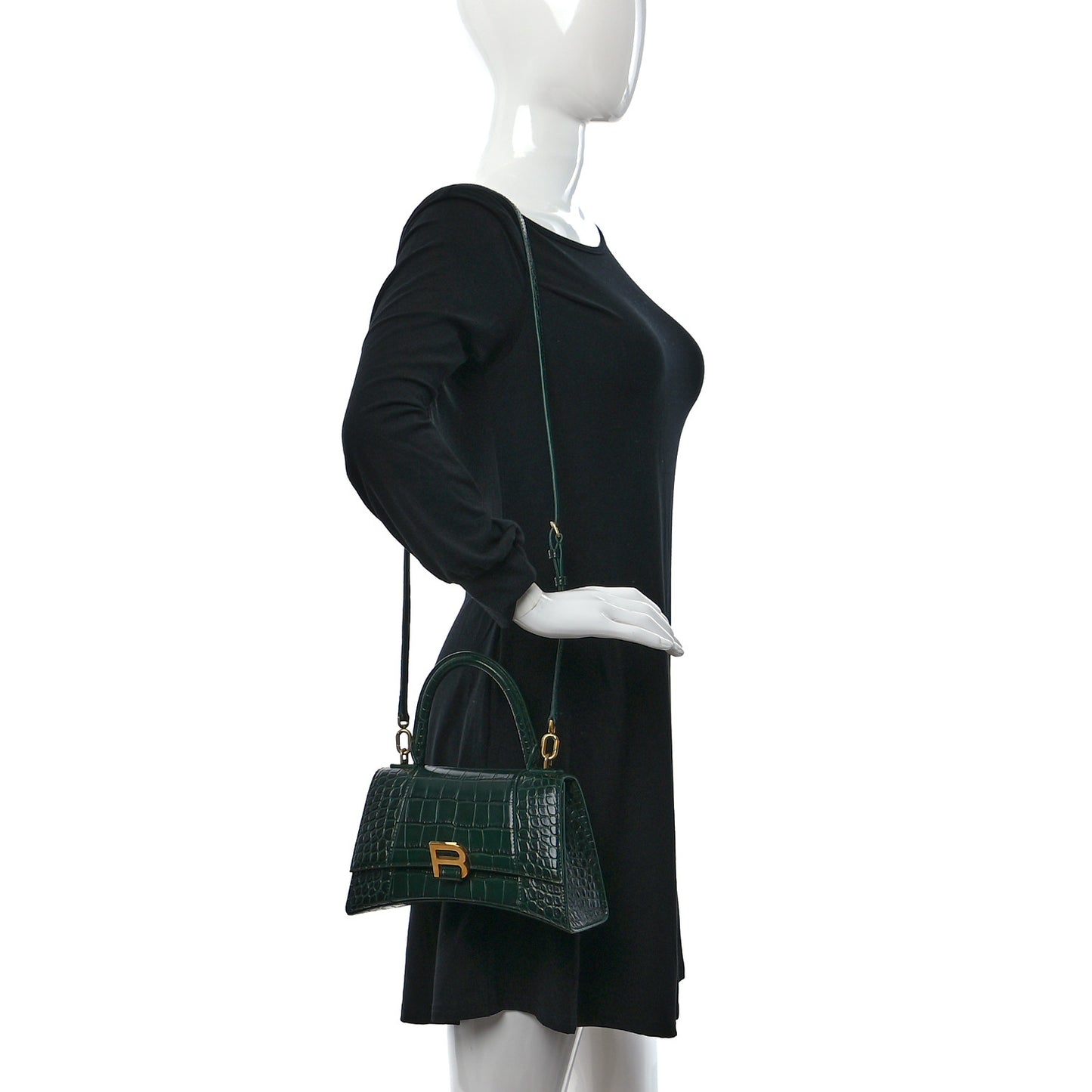 Shiny Calfskin Crocodile Embossed Small Hourglass Top Handle Bag Forest Green