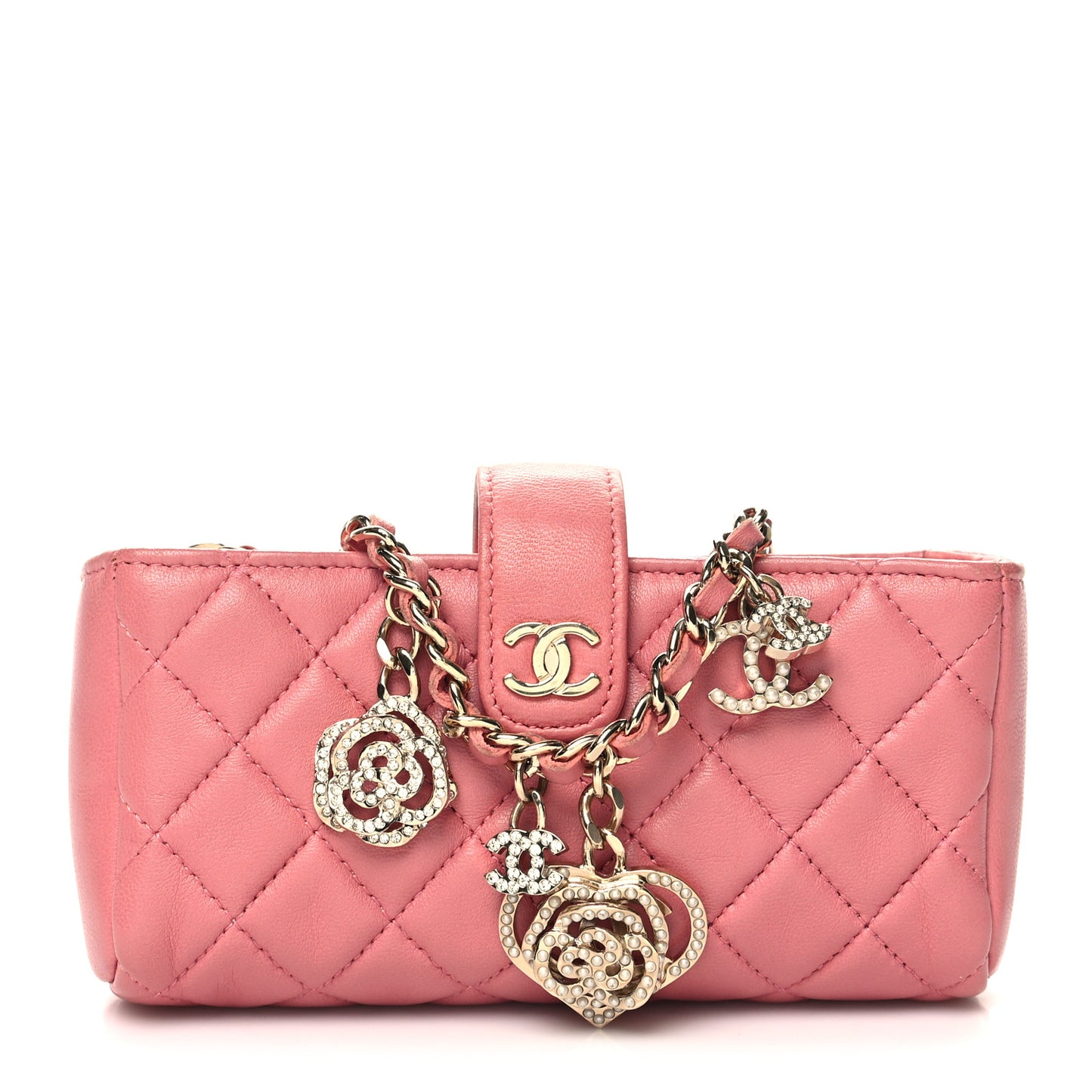 Lambskin Quilted Valentine Charms Mini Phone Holder Crossbody Pink