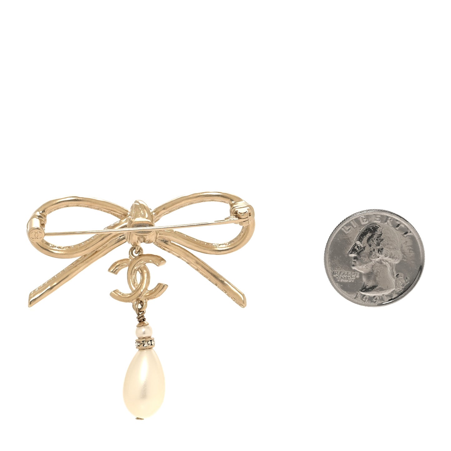 Pearl Crystal CC Bow Drop Brooch Gold