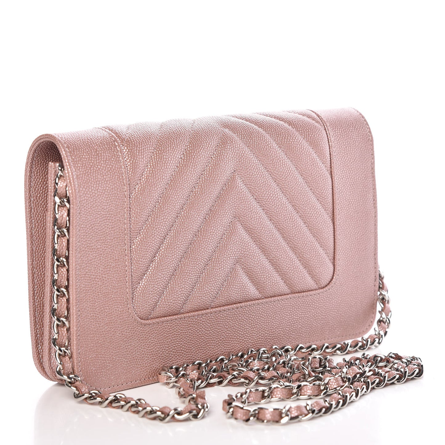 Metallic Caviar Chevron Quilted Vintage Mademoiselle Wallet On Chain WOC Pink