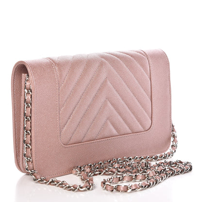 Chanel Metallic Caviar Chevron Quilted Vintage Mademoiselle Wallet On Chain WOC Pink 3 of 11