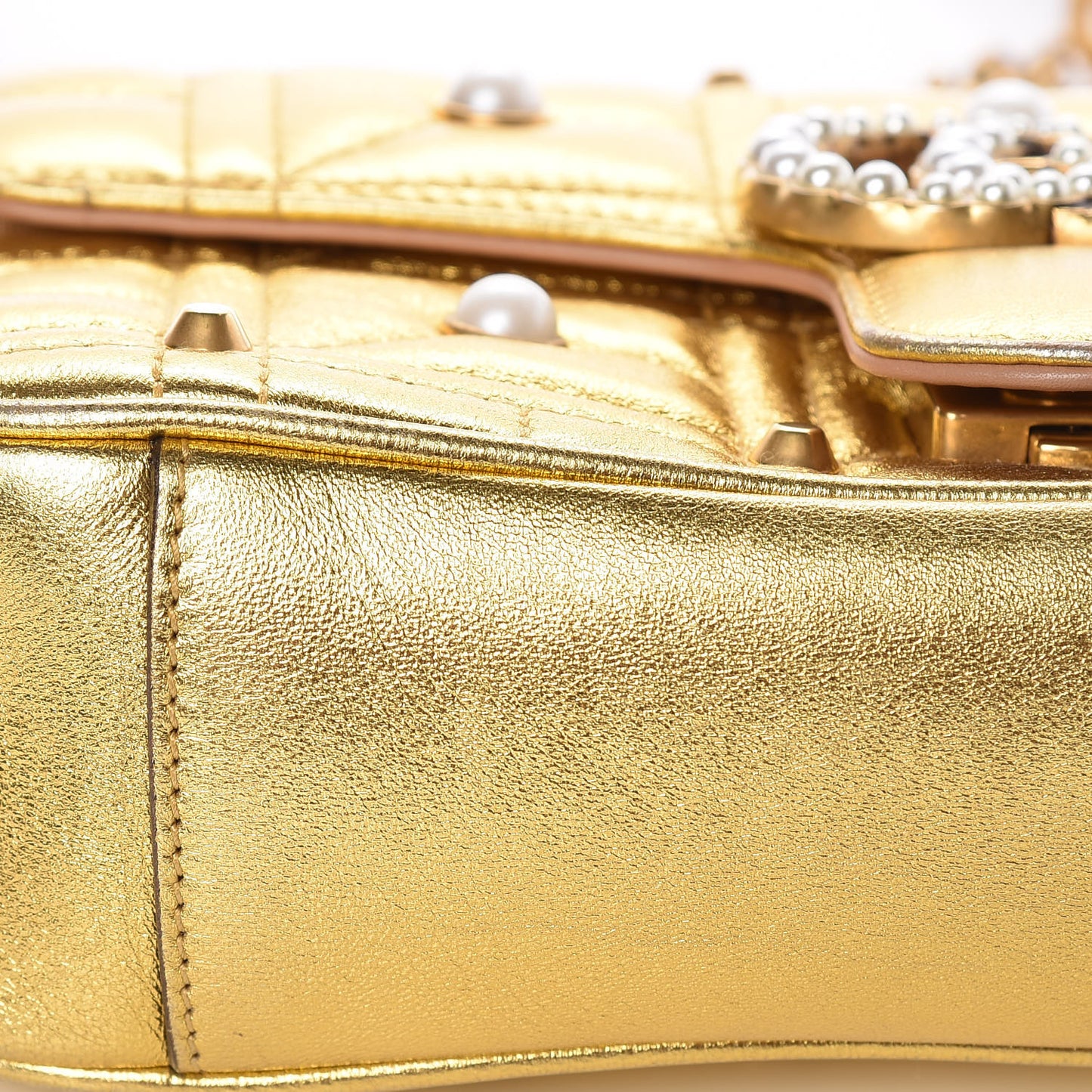 Metallic Calfskin Matelasse Studded Mini Pearly GG Marmont Shoulder Bag Gold