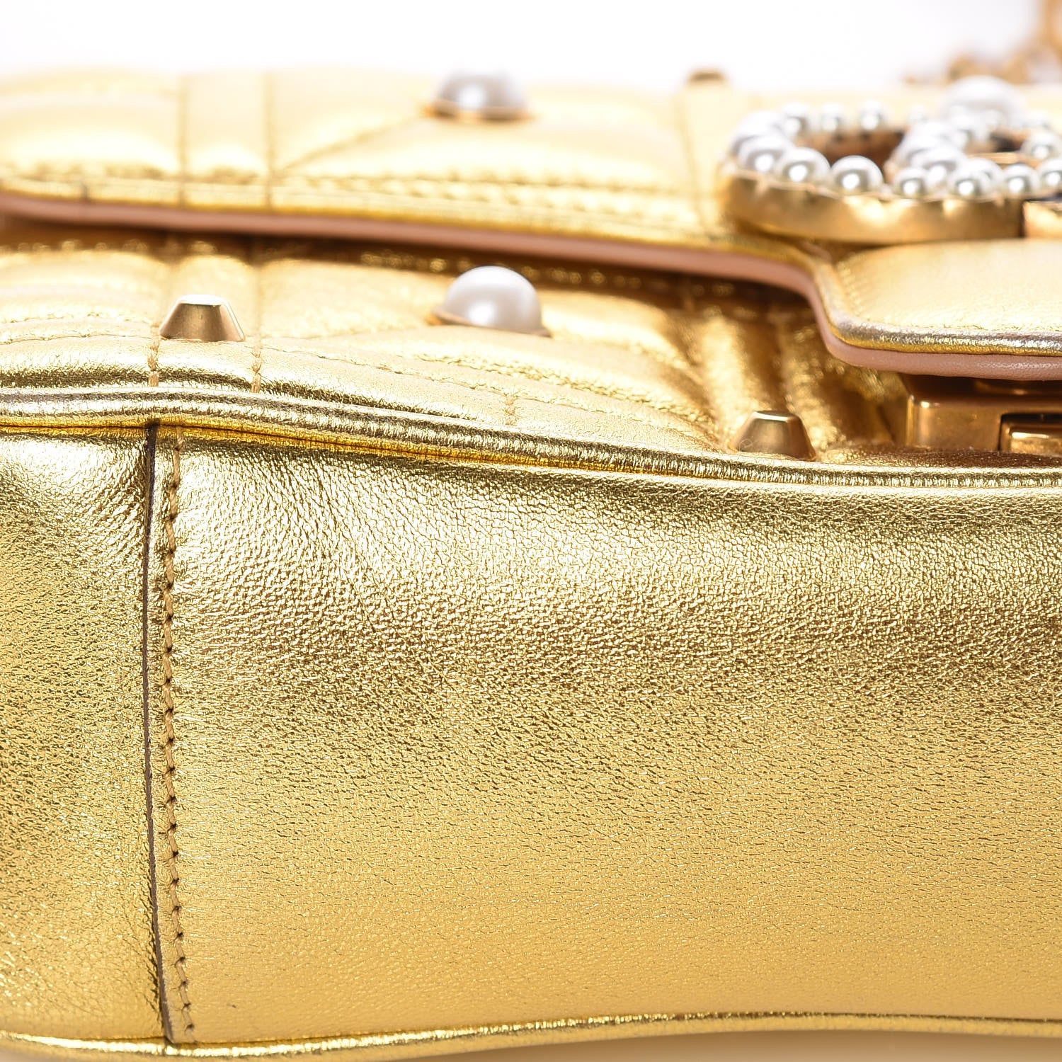 Gucci Metallic Calfskin Matelasse Studded Mini Pearly GG Marmont Shoulder Bag Gold 11 of 11