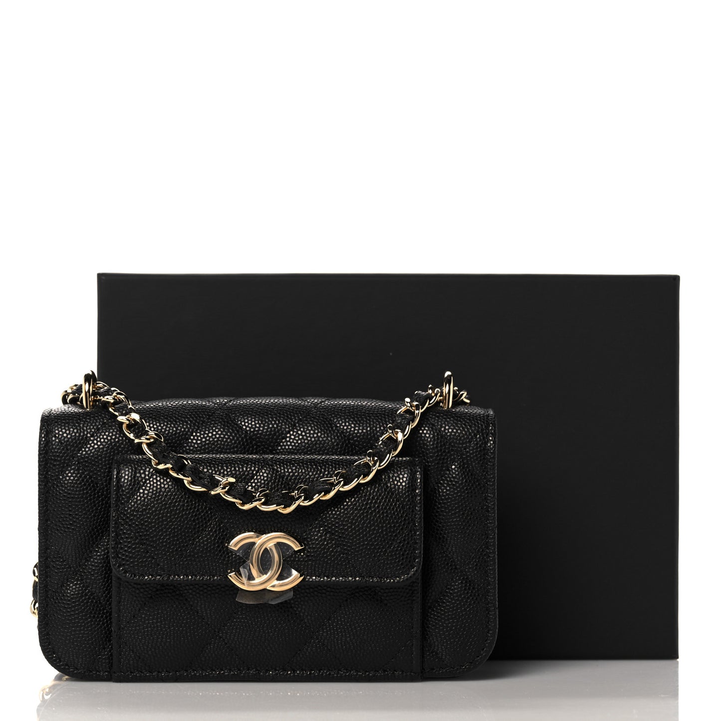 Caviar Quilted Pocket Twins Clutch With Chain Black
