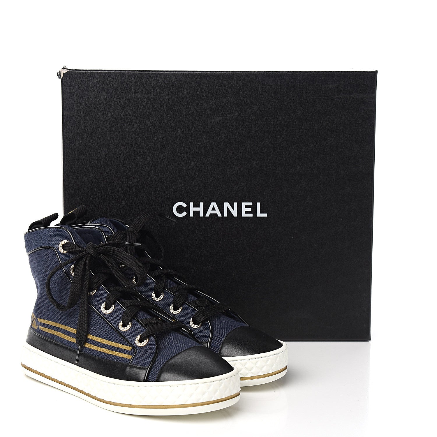 Chanel Fabric Lambskin Lace Up Cap Toe Sneakers 36 Navy Black 9 of 9