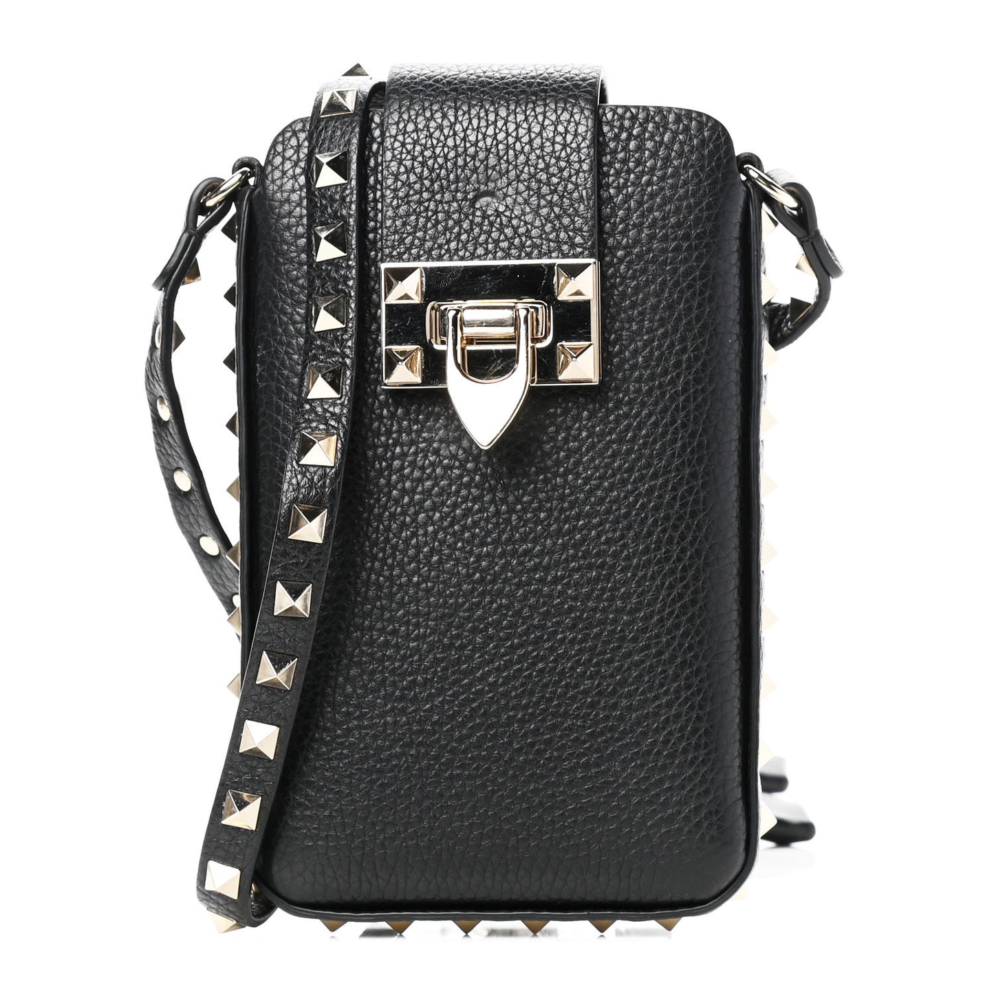 Grained Calfskin Rockstud Crossbody Phone Case Black
