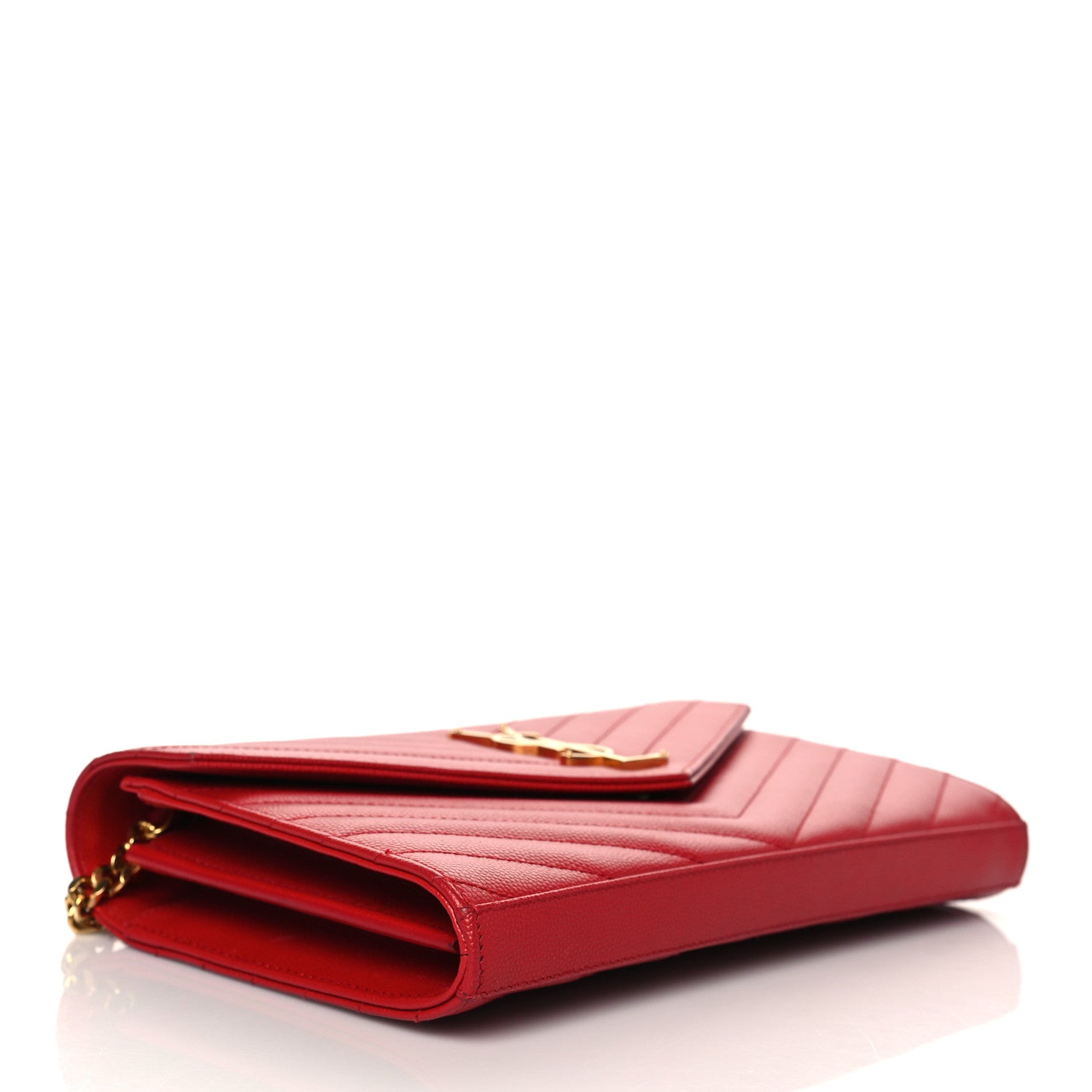 Saint Laurent Grain De Poudre Matelasse Chevron Monogram Envelope Chain Wallet New Red 4 of 9