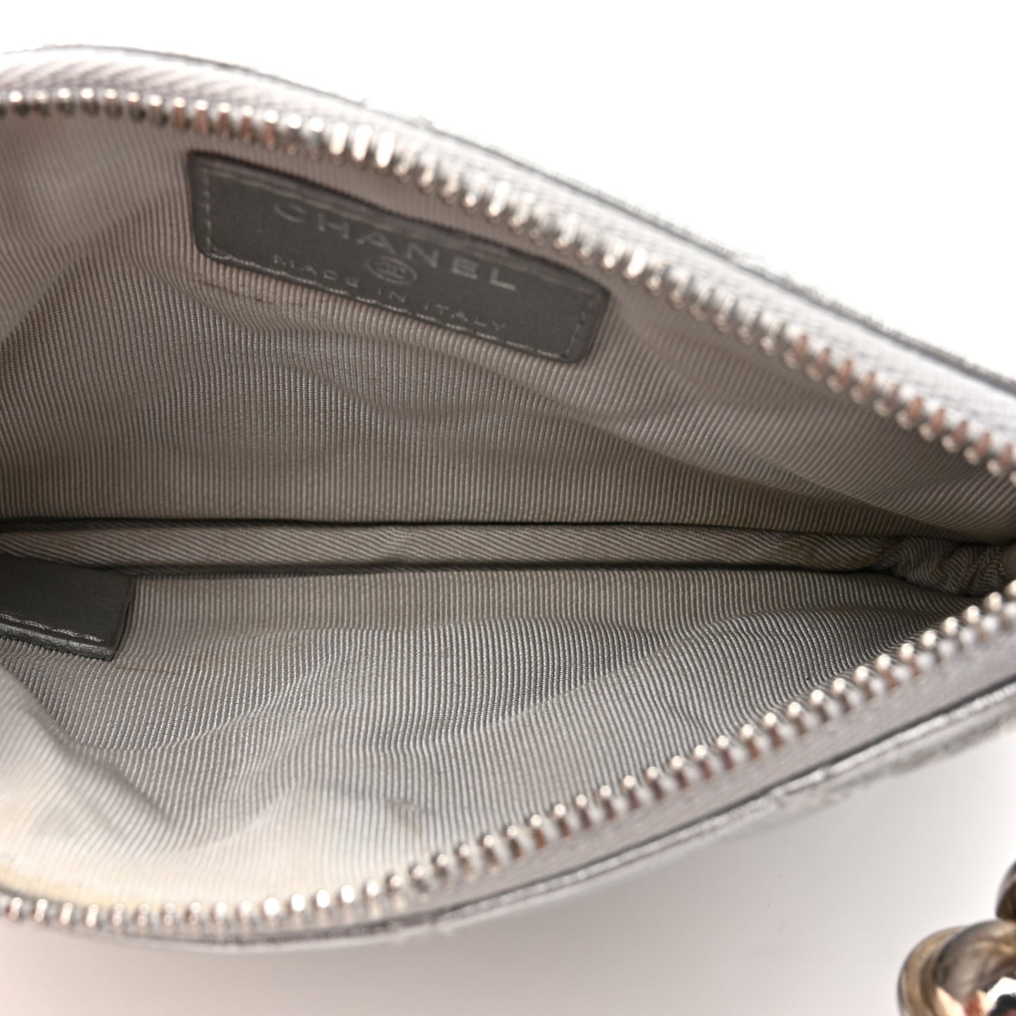 Metallic Aged Calfskin Quilted Small Cosmetic Pouch Silver