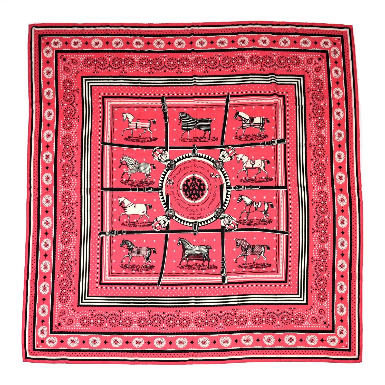 Hermes Cashmere Silk Couvertures Et Tenues de Jour Bandana Shawl 140 Rose Bonbon Black White 1 of 5