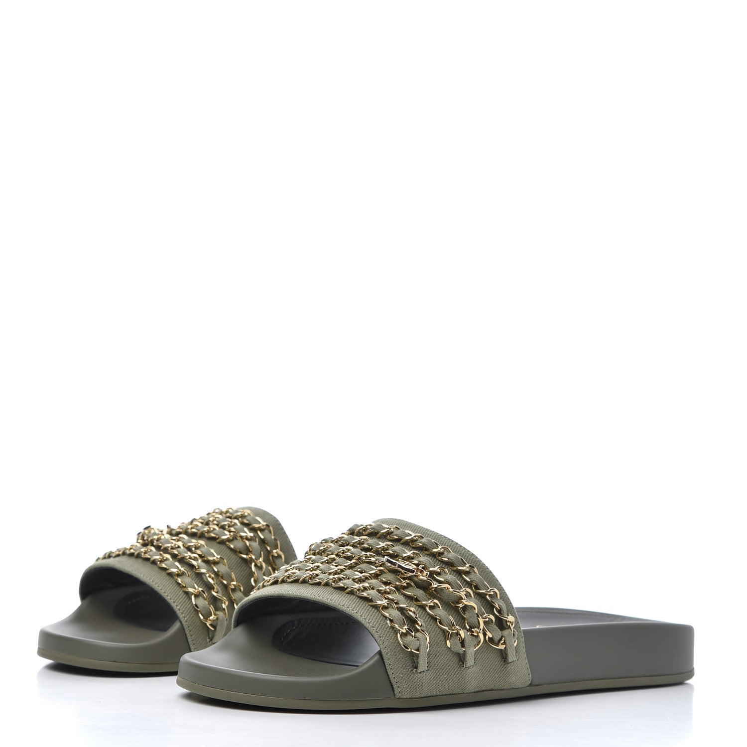 Chanel Canvas Chain Flat Sandals 39 Khaki 3 of 9