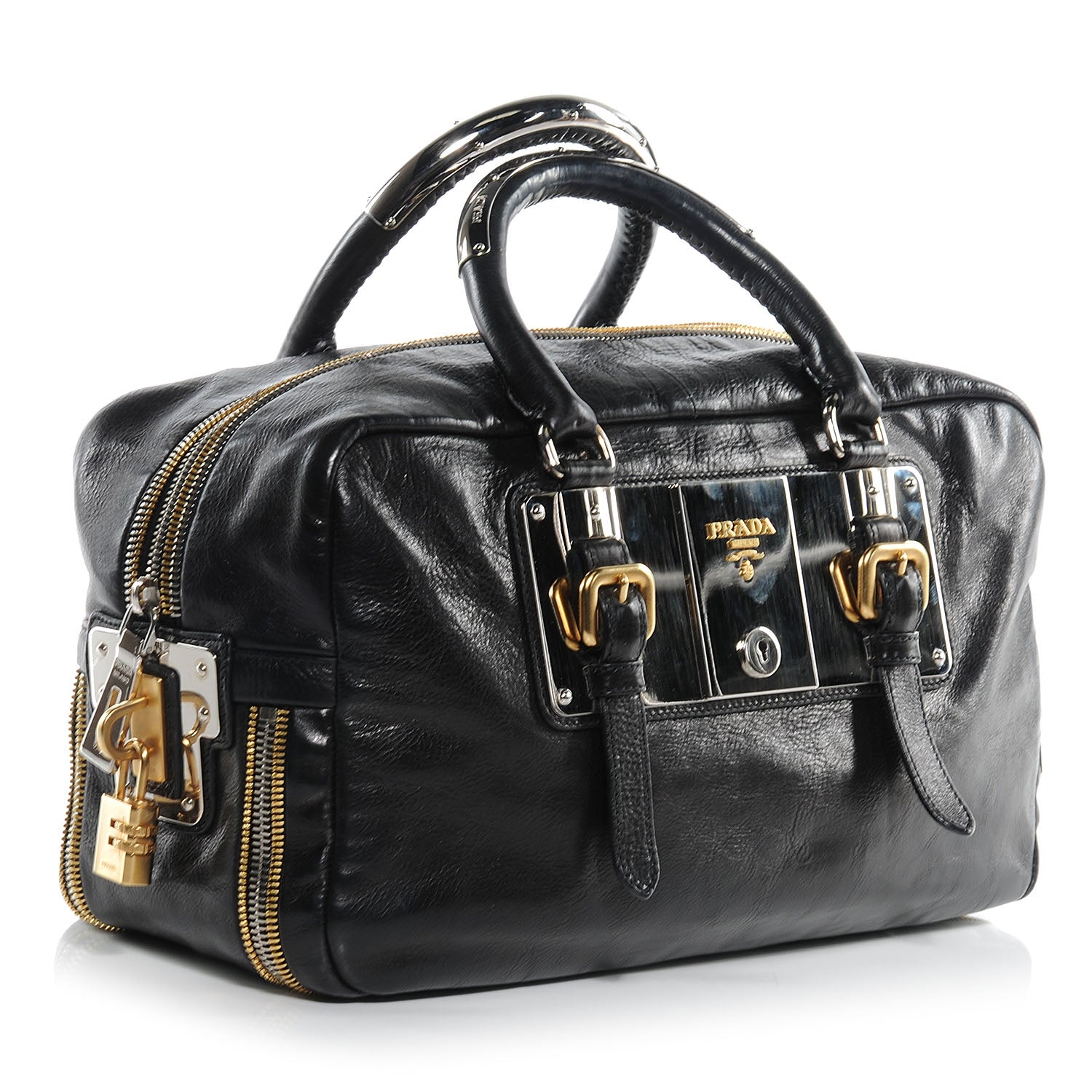 Prada Glace Calf Mirror Zippers Bowler Black 3 of 9