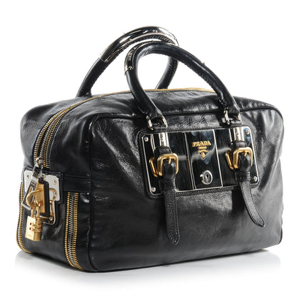 Prada Glace Calf Mirror Zippers Bowler Black 3 of 9