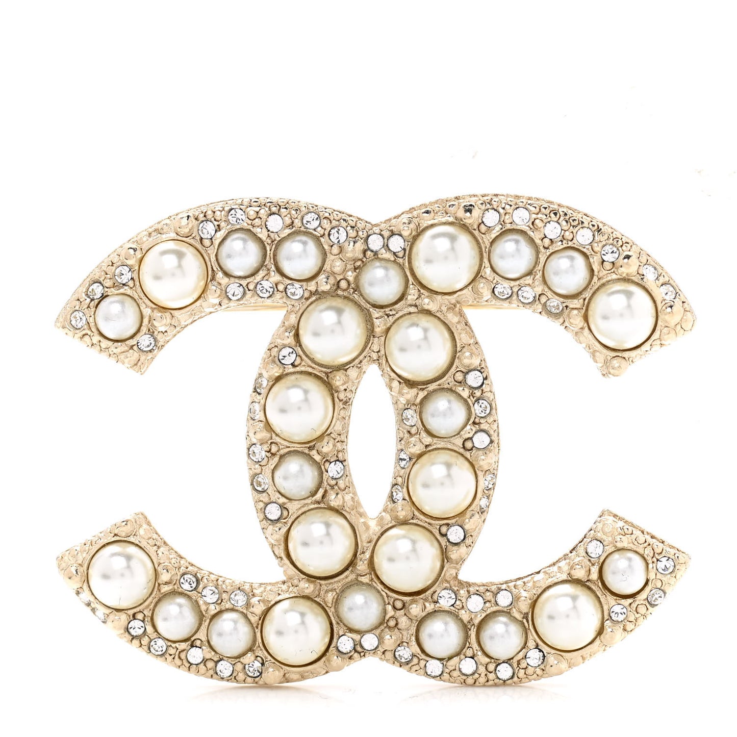 Metal Crystal Graduated Pearl CC Brooch Gold
