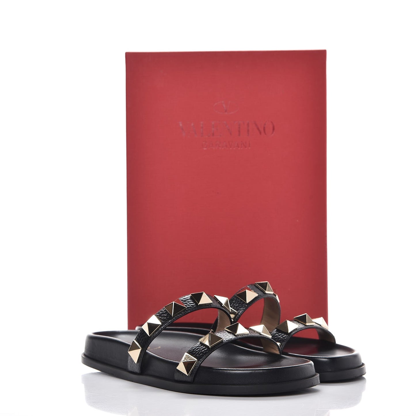 Pebbled Calfskin Macro Rockstud Lock Slide Sandals 37.5 Black