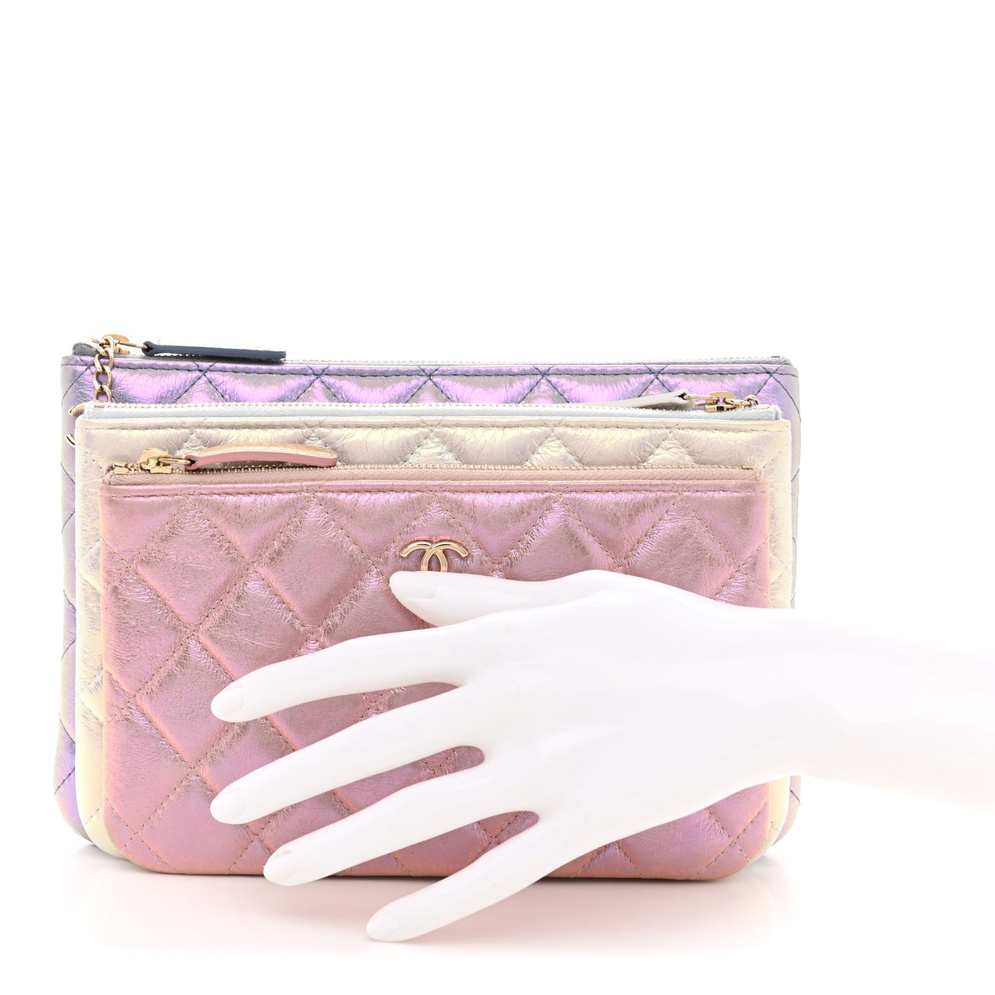 Iridescent Crumpled Calfskin Trio Cosmetic Case Blue Pink Ivory