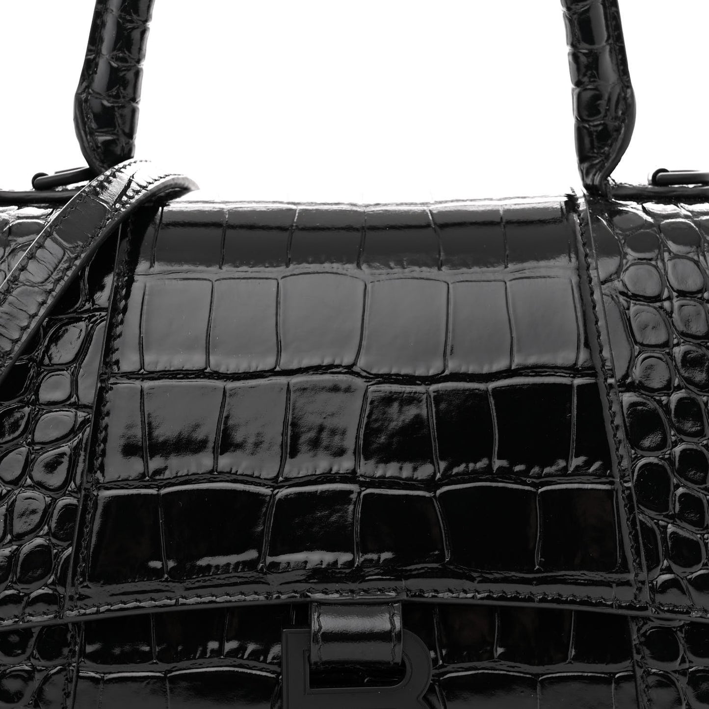 Shiny Calfskin Monochrome Crocodile Embossed Small Hourglass Top Handle Bag Black