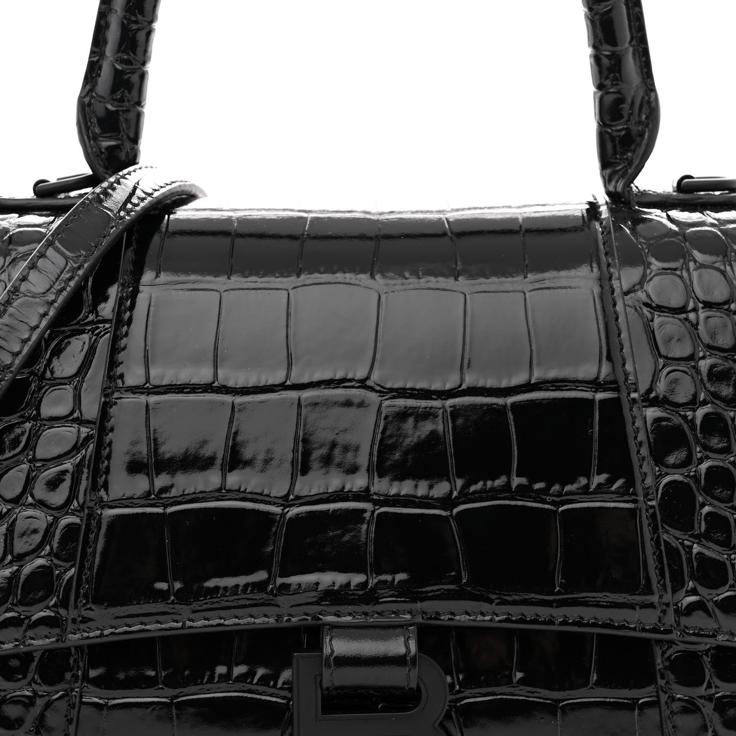 Balenciaga Shiny Calfskin Monochrome Crocodile Embossed Small Hourglass Top Handle Bag Black 7 of 10