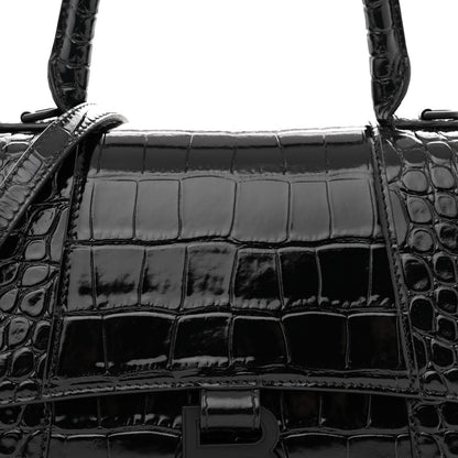 Balenciaga Shiny Calfskin Monochrome Crocodile Embossed Small Hourglass Top Handle Bag Black 7 of 10