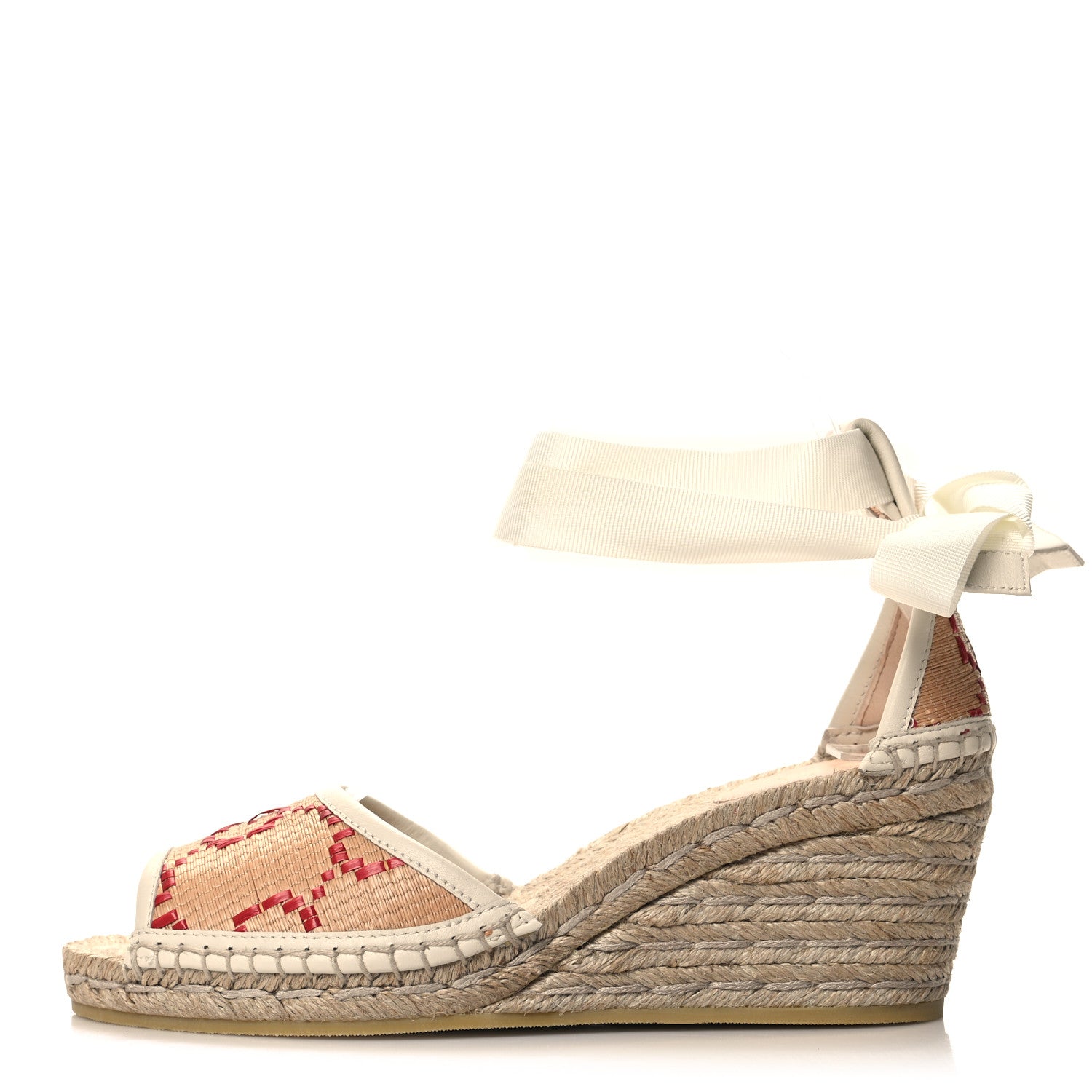Gucci GG Raffia Monogram Ankle Wrap Platform Espadrille Wedge Sandals 37 Beige 1 of 9