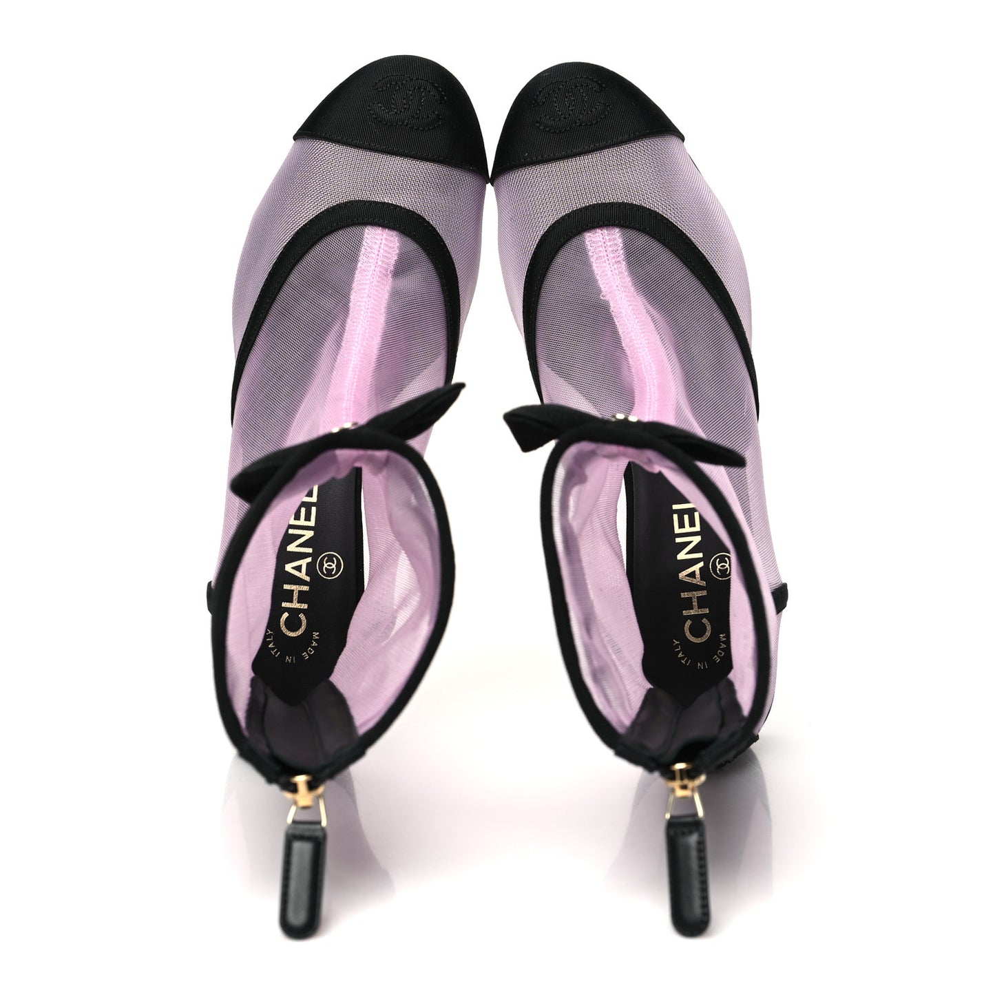 Mesh Grosgrain CC Cap Toe Ankle Boots 38.5 Light Pink Black