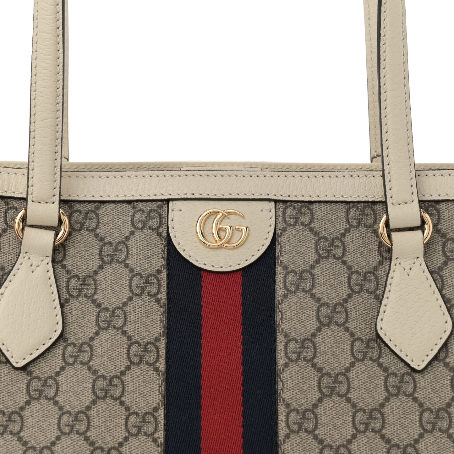 GG Supreme Monogram Textured Dollar Calfskin Web Medium Ophidia Shopping Tote Beige Ebony Mystic White