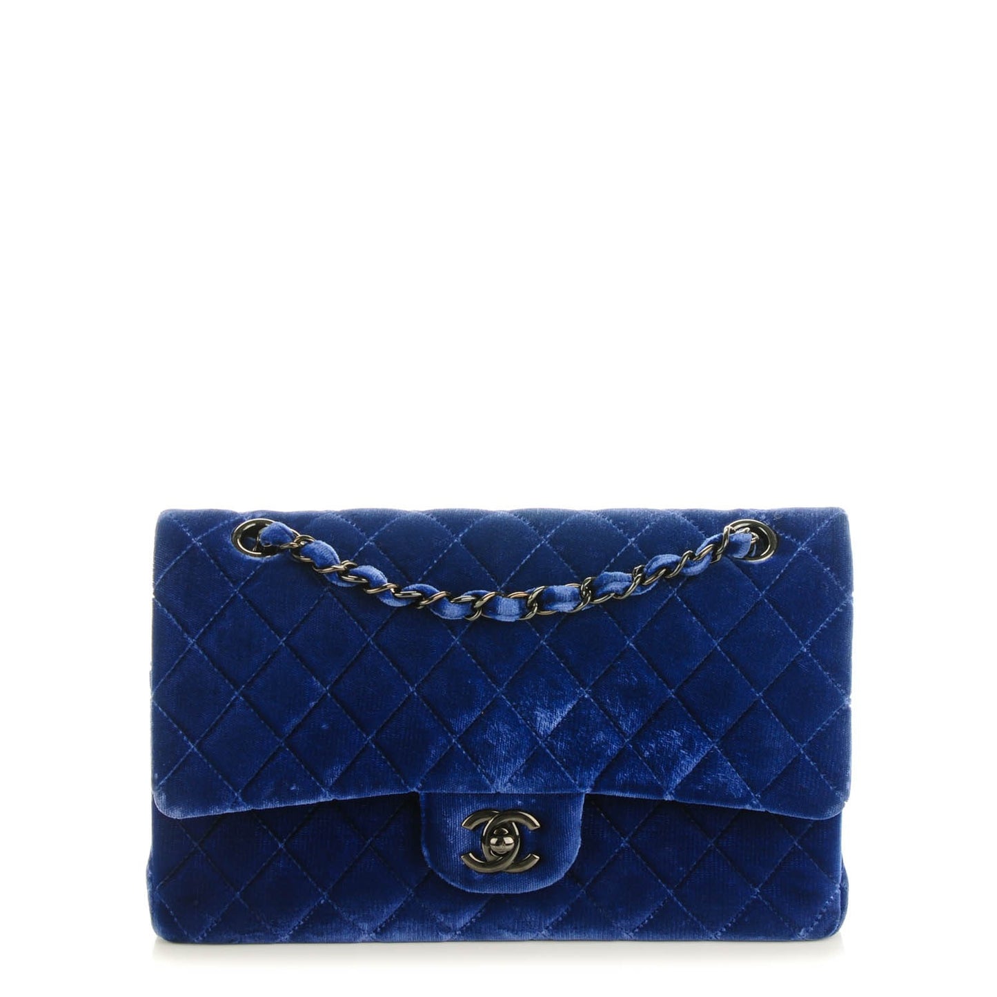 Velvet Quilted Medium Double Flap Navy Blue