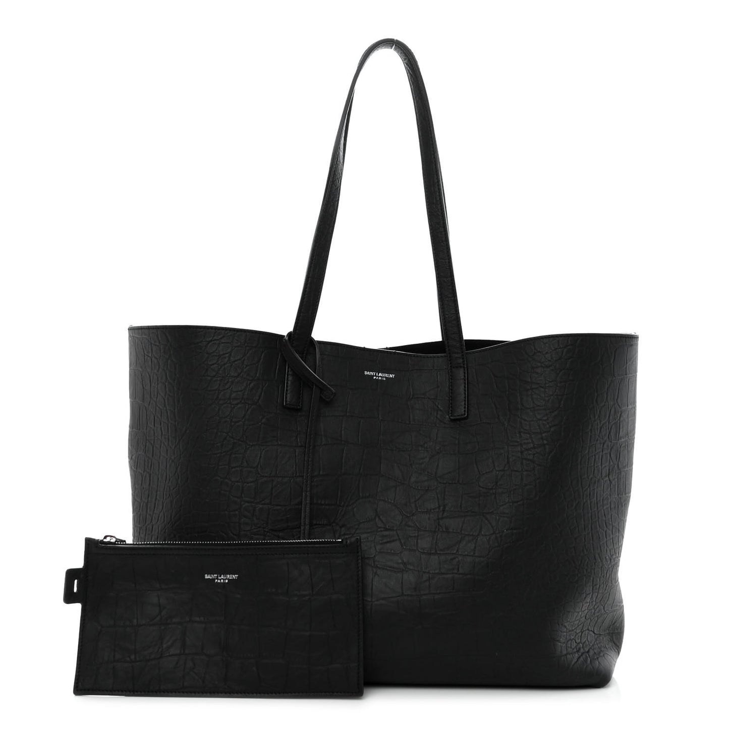 Calfskin Crocodile Embossed Large Shopper Tote Black