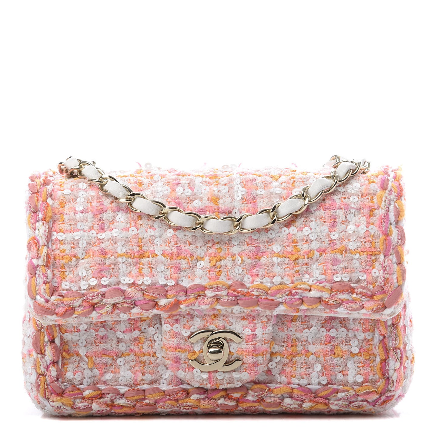 Tweed Braid Sequin Mini Flap White Pink Orange