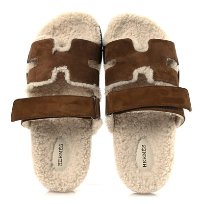 Hermes Suede Goatskin Woolskin Mens Chypre Sandals 42 Brun Fume Ecru 2 of 10