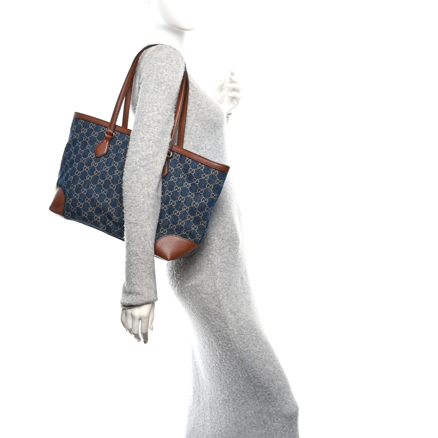 New Denim GG Monogram Medium Ophidia Shopping Tote Blue Tea Cuir
