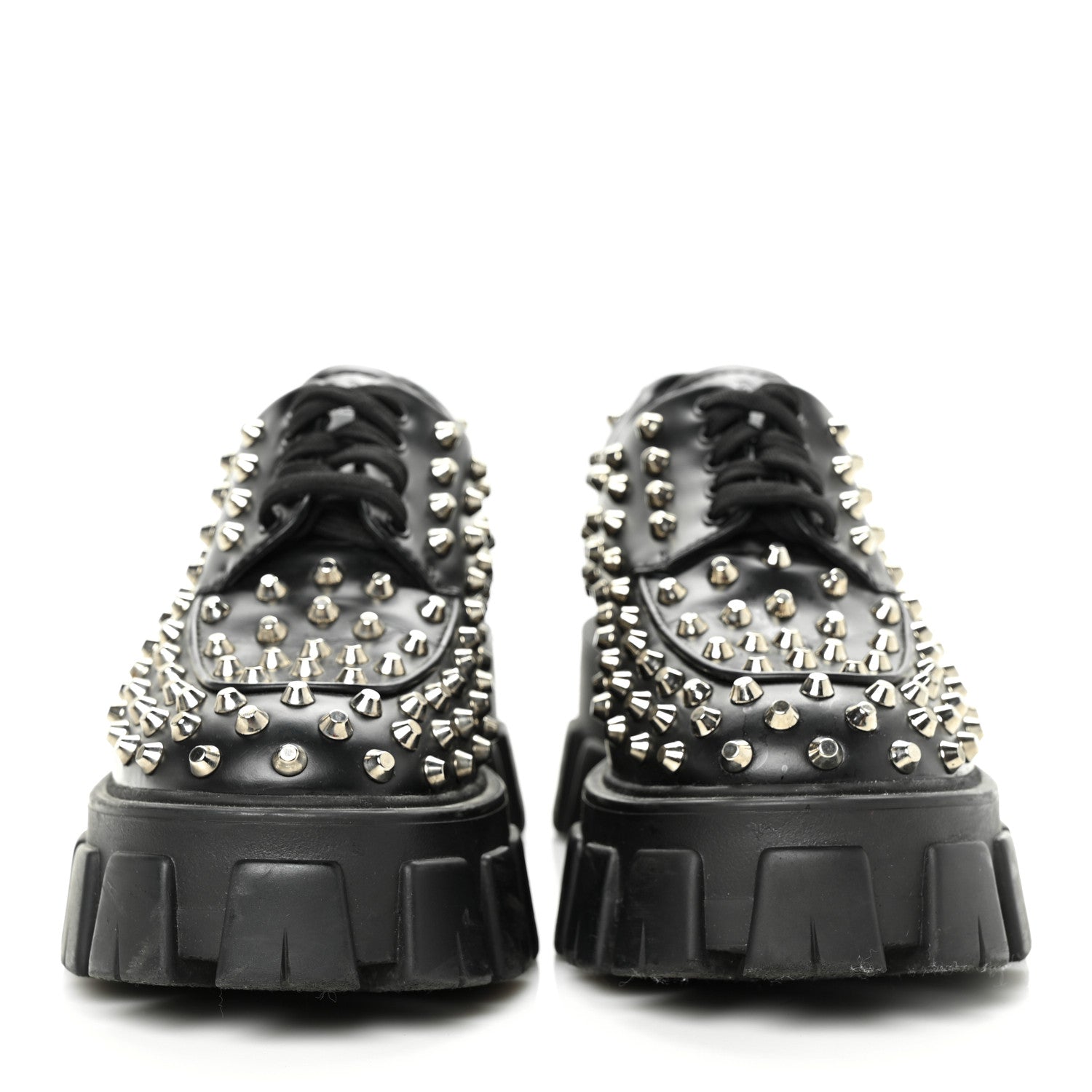 Prada Spazzolato Rois Studded Lace Up Monolith 55mm Derby Loafers 37.5 Black 2 of 8