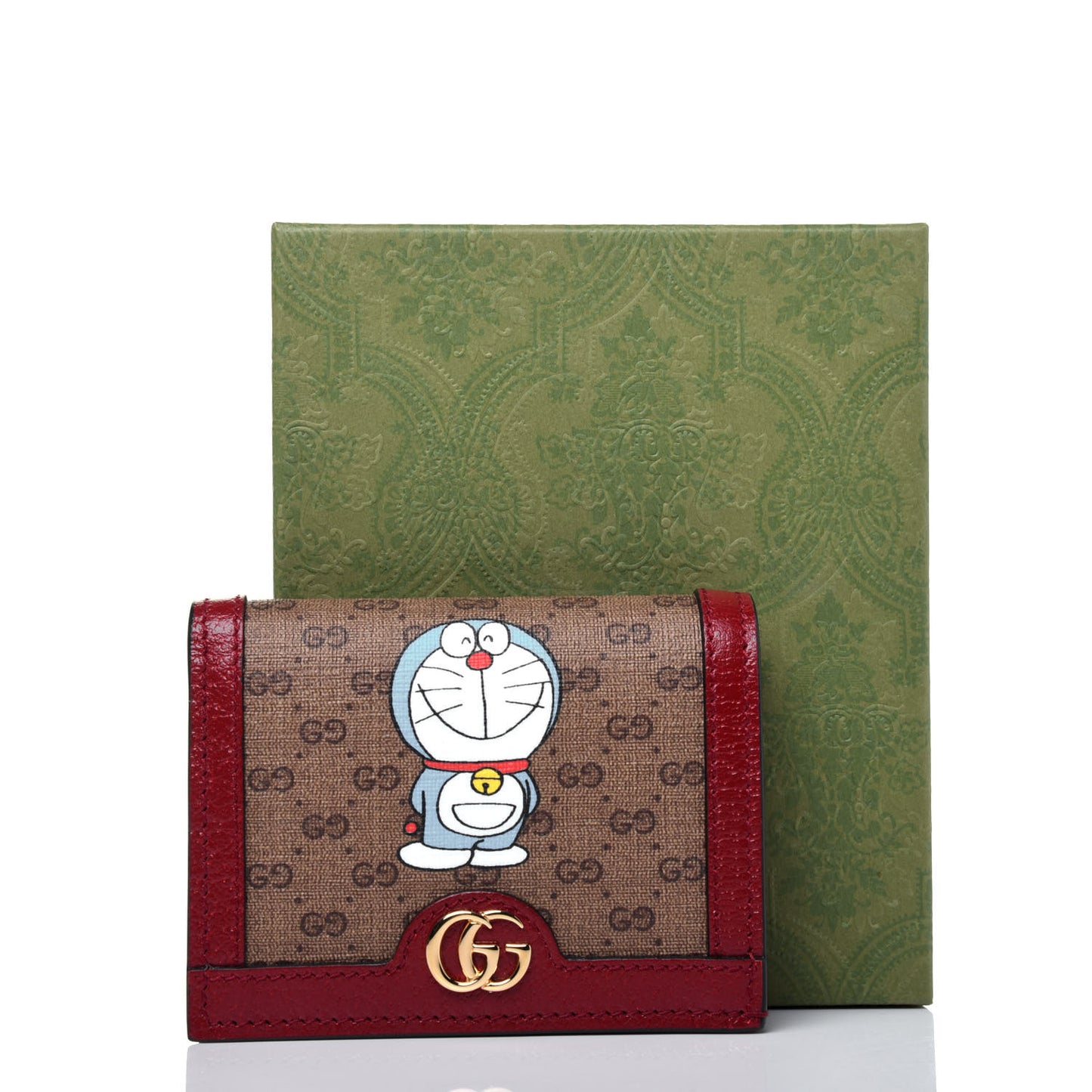 X DORAEMON Mini Vintage GG Supreme Monogram Card Case Wallet Beige Cherry Red