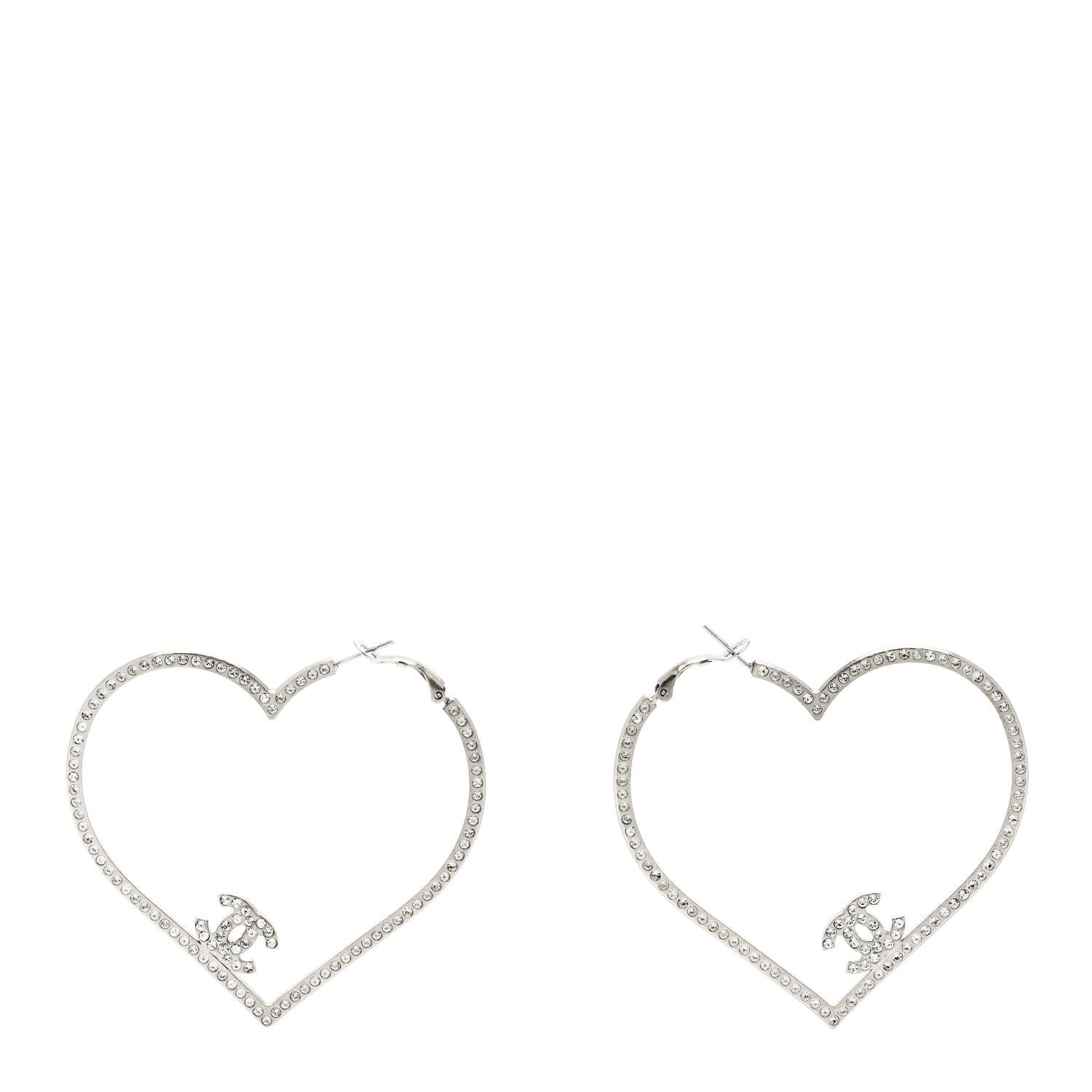 Chanel Swarovski Crystal CC Heart Hoop Earrings Silver 1 of 4