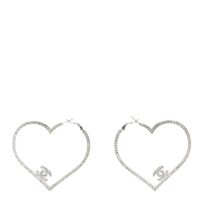 Chanel Swarovski Crystal CC Heart Hoop Earrings Silver 1 of 4
