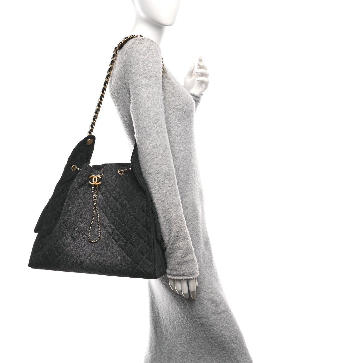 Washed Denim Quilted Large Chanel 25 Handbag Black
