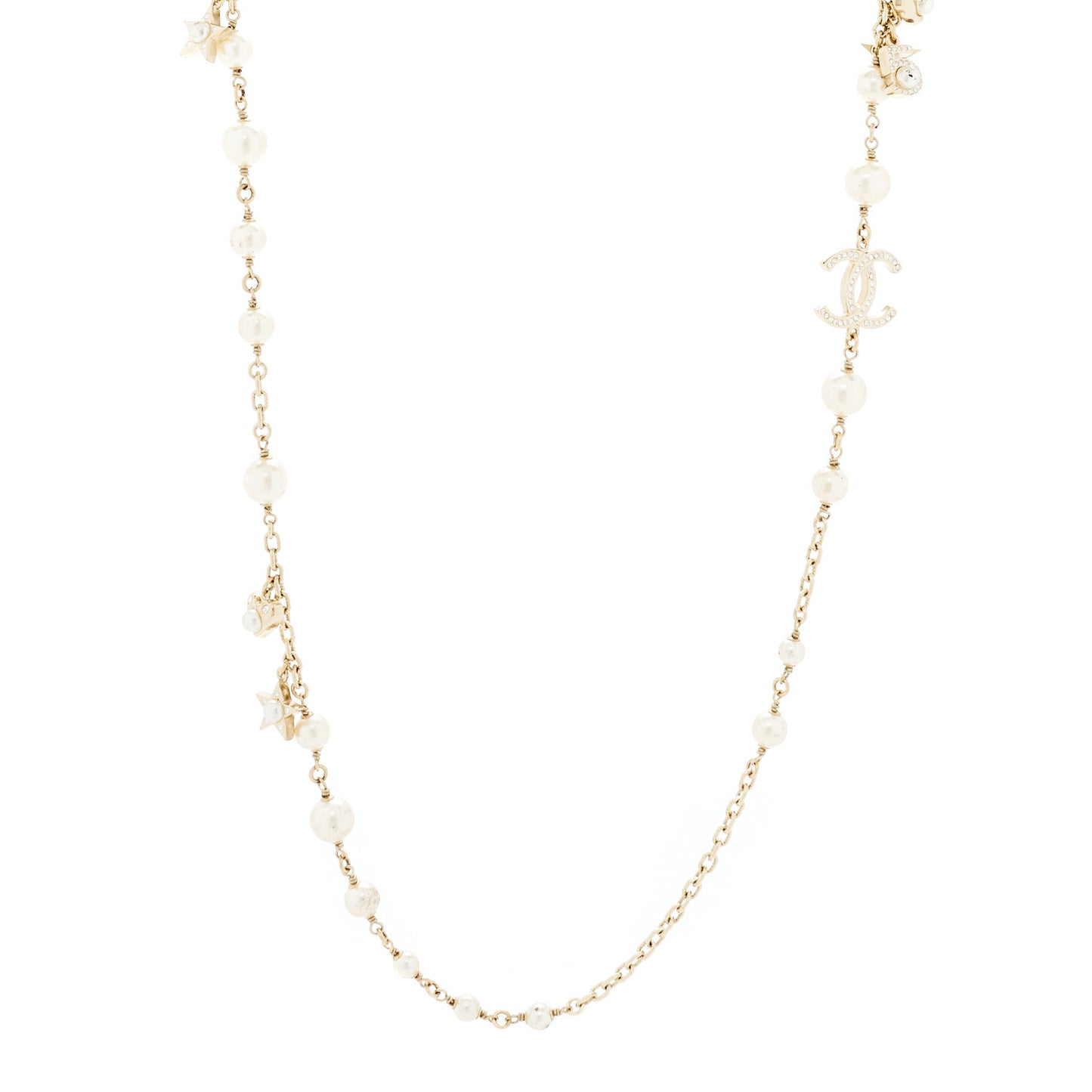Crystal Pearl No 5 CC Long Necklace Gold