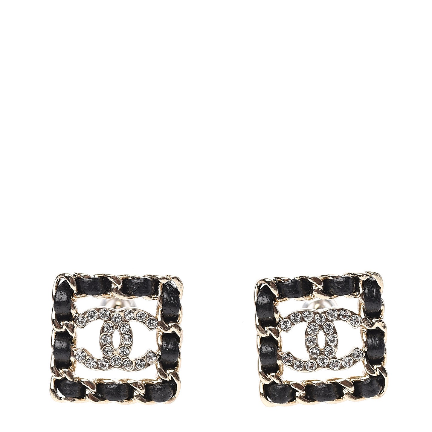 Crystal Lambskin Chain Sergeant Stud Earrings Black Gold
