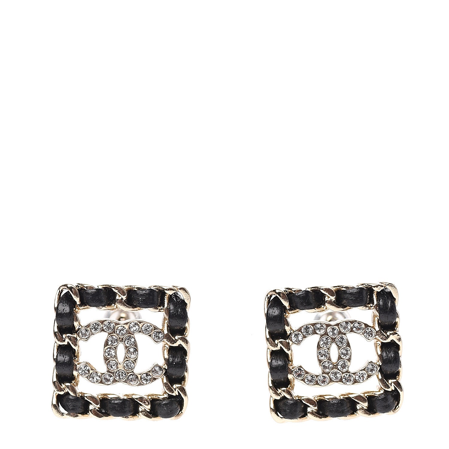 Chanel Crystal Lambskin Chain Sergeant Stud Earrings Black Gold 1 of 5