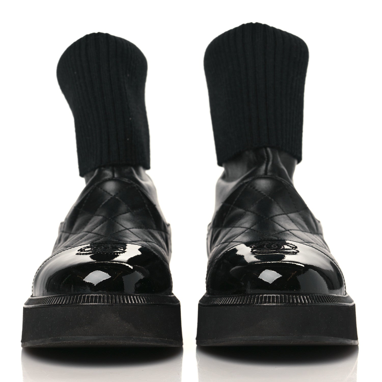 Chanel Calfskin Patent Knit Quilted CC Cap Toe Boots 38 Black 2 of 7