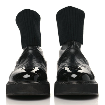 Chanel Calfskin Patent Knit Quilted CC Cap Toe Boots 38 Black 2 of 7