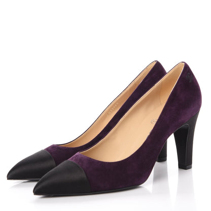 Chanel Suede Satin Cap Toe Pumps 38.5 Dark Purple Black 2 of 9