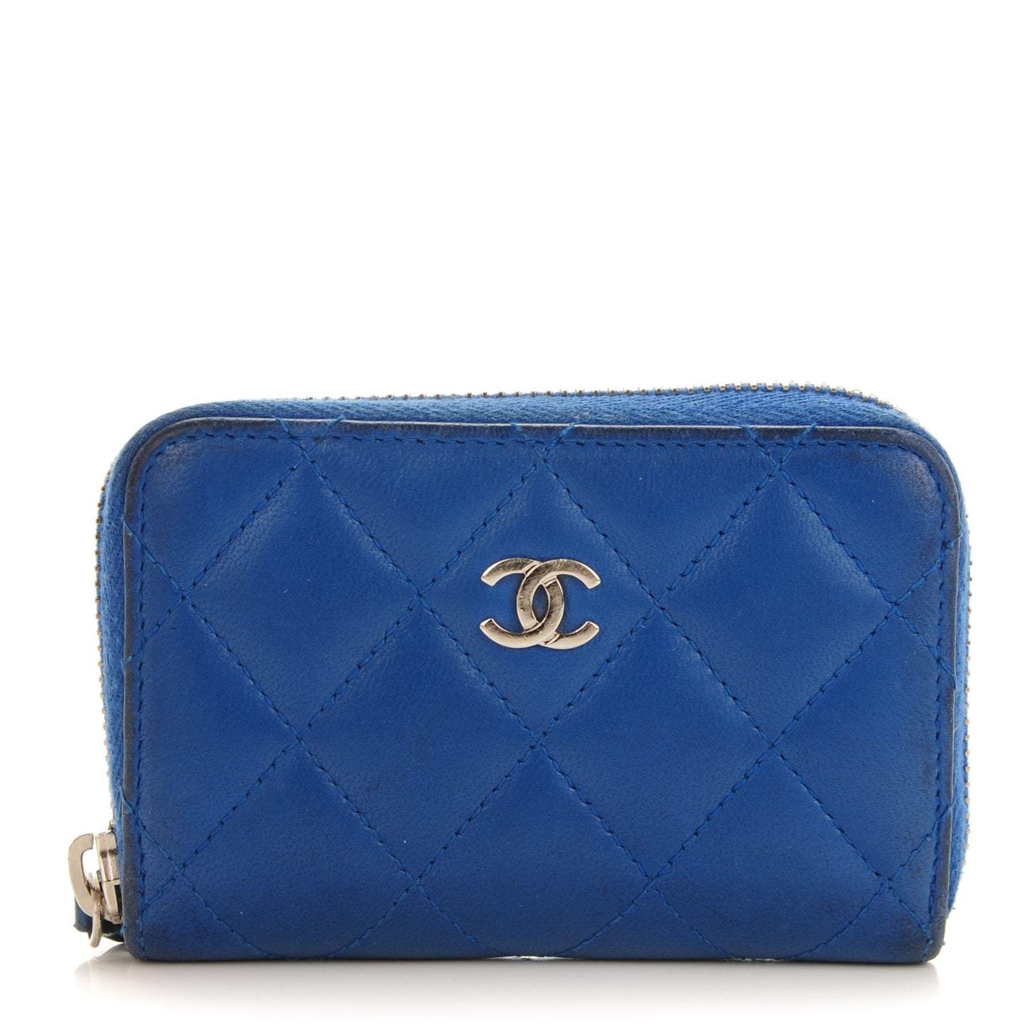 Lambskin Quilted Zip Around Coin Purse Wallet Blue