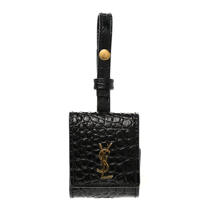 Saint Laurent Calfskin Crocodile Embossed Monogram Airpods Case Black 1 of 5