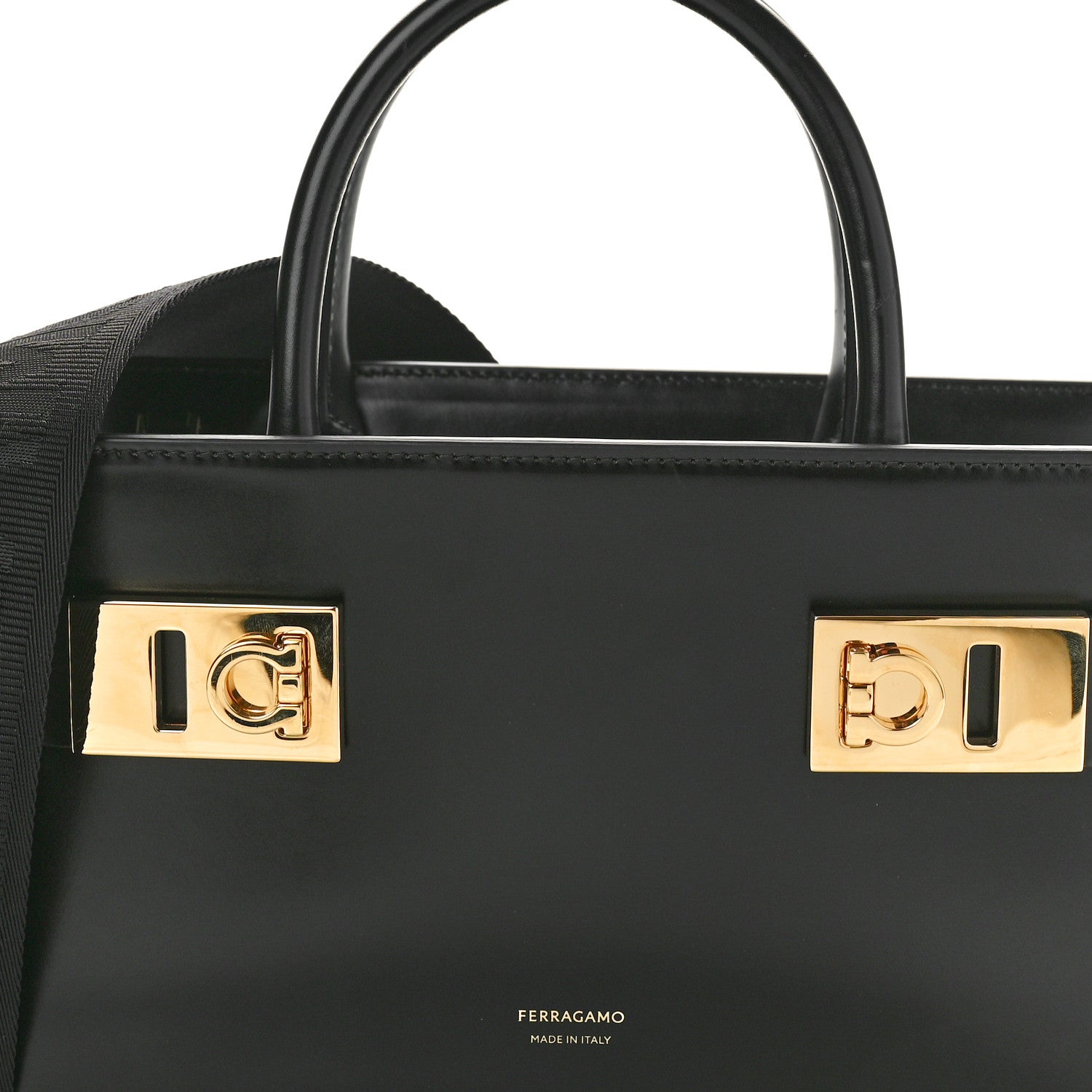 Salvatore Ferragamo Brushed Off Calfskin Small Gancini Buckles Tote Bag Black 7 of 10